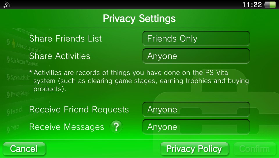PS Vita Privacy Options