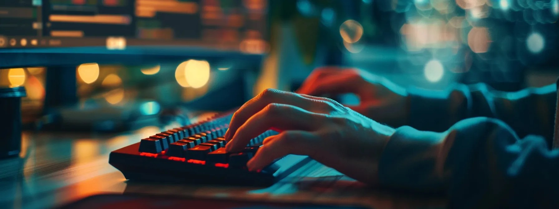 Close-up of hands typing on a backlit keyboard in a dimly lit workspace, representing a developer optimizing queries using the best AI search platform for high-performance data access.