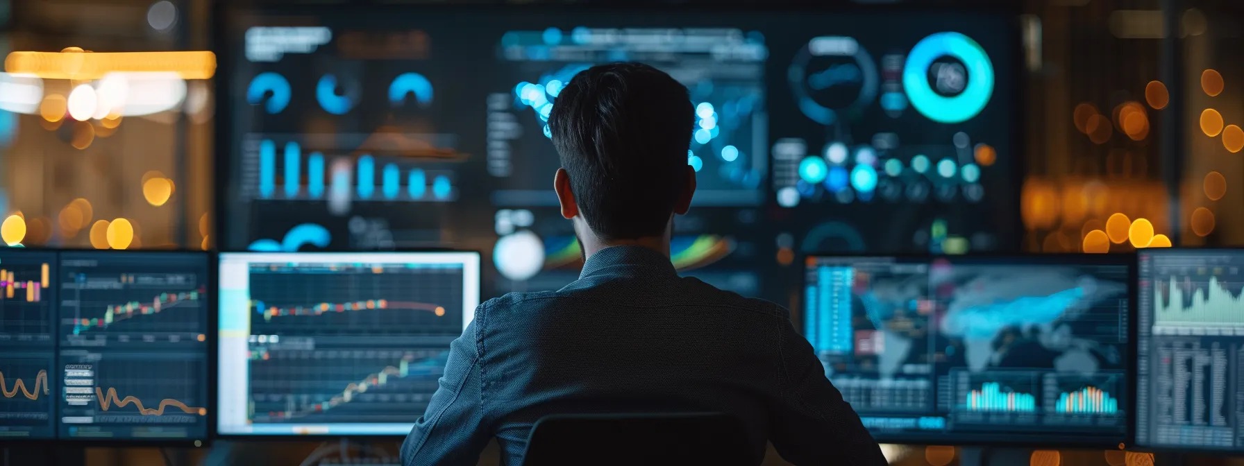 Data analyst monitors multiple screens with real-time analytics dashboards, showcasing the power of the best AI search platform in synthesizing complex data streams.