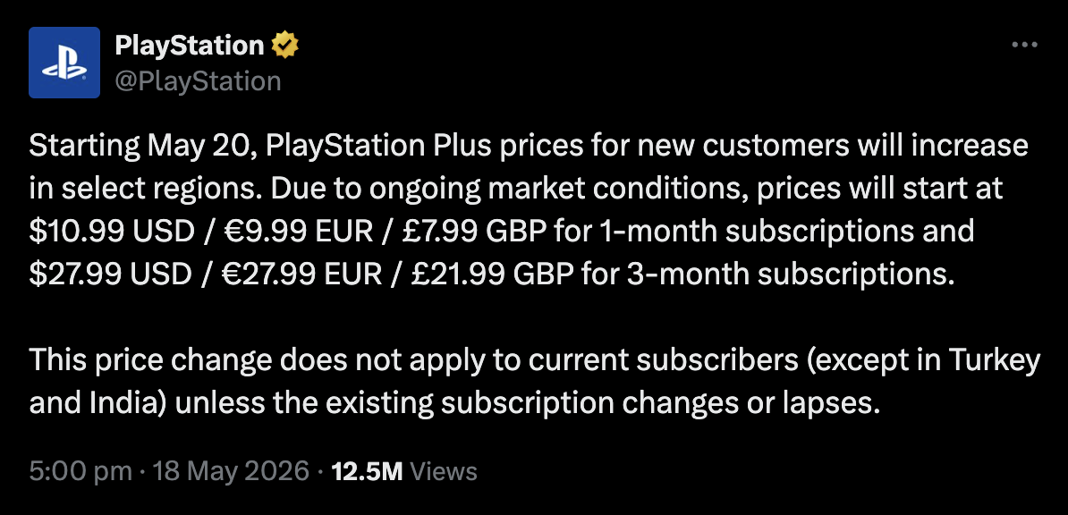 Sony citing "ongoing market conditions" as the reason for increasing the price of PlayStation Plus Essential.
